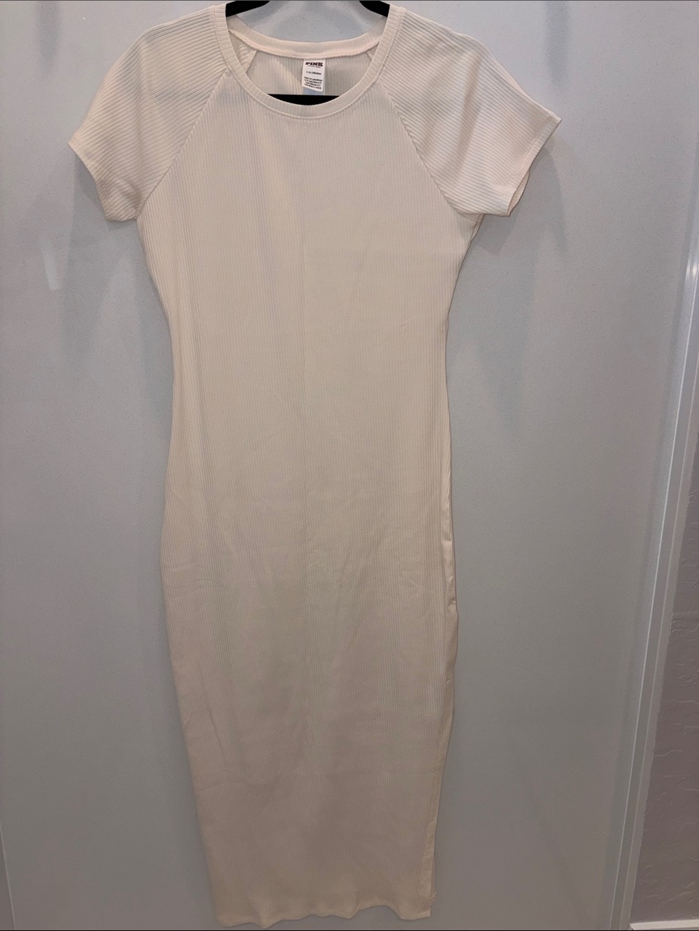 Cream Ribbed Short-Sleeve Midi Dress